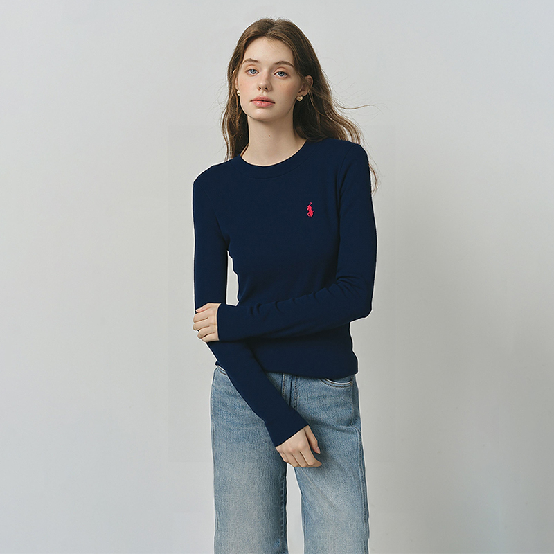 基础款圆领小马刺绣针织长袖打底衫M2508012