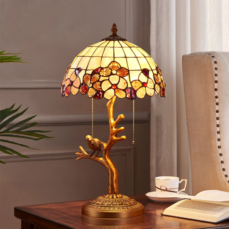 全铜台灯卧室美式复古创意黄铜蒂凡尼贝壳古典台灯家用欧式新中式