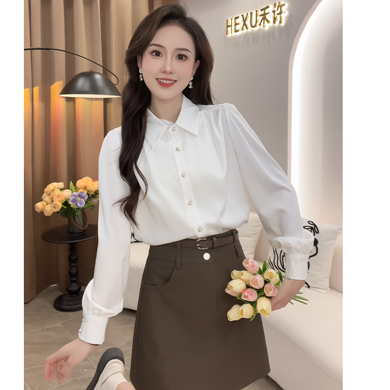 【粉丝专属】16624法式POLO领长袖衬衫女小众宽松喇叭袖气质衬衣潮