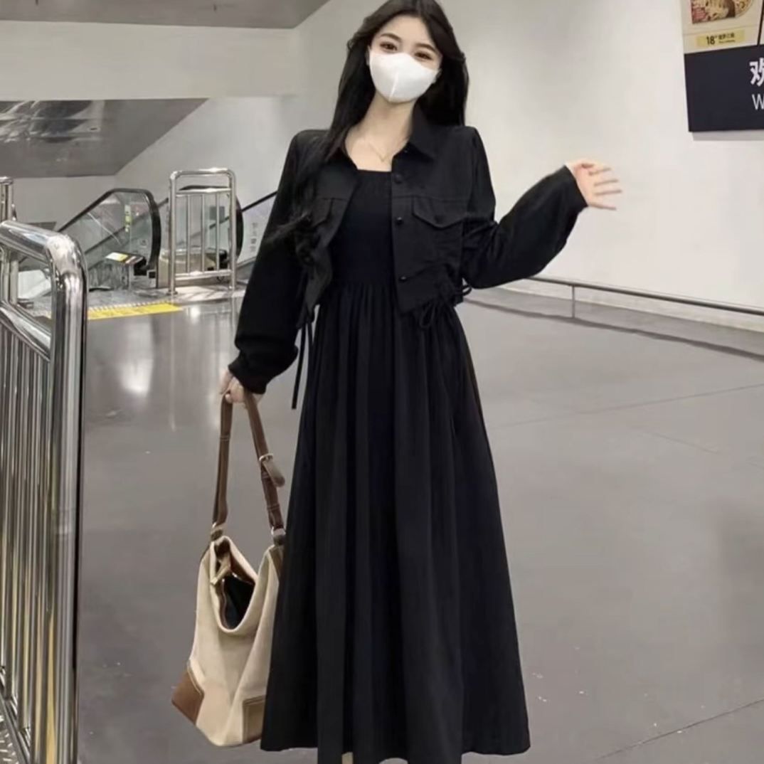 系带抽褶四季通用掉带外套俩件套长袖常规百搭大码连衣裙