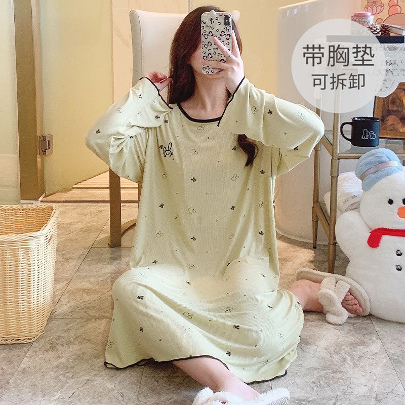 莫代尔睡衣女春秋季带胸垫长袖中长睡裙加肥250斤家居服