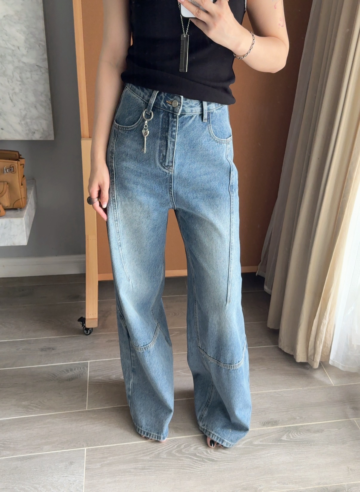 embrace 秋冬复古蓝色休闲工装分割设计高腰阔腿牛仔裤