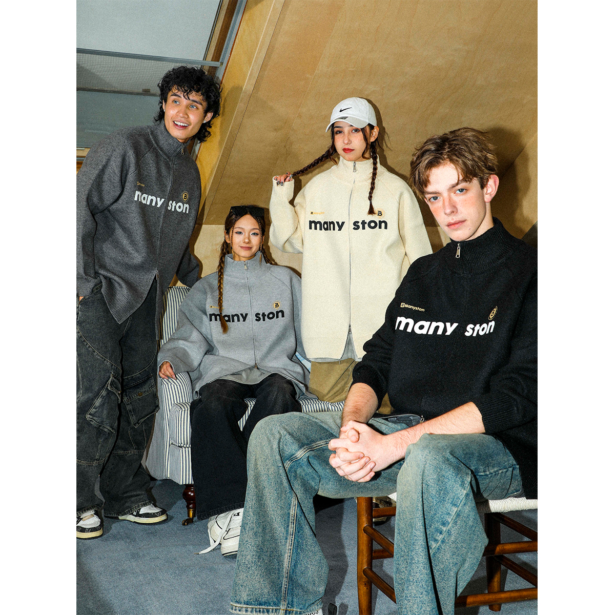 MANYSTON美式潮流针织开衫外套男春秋季高街潮牌保暖情侣高领毛衣