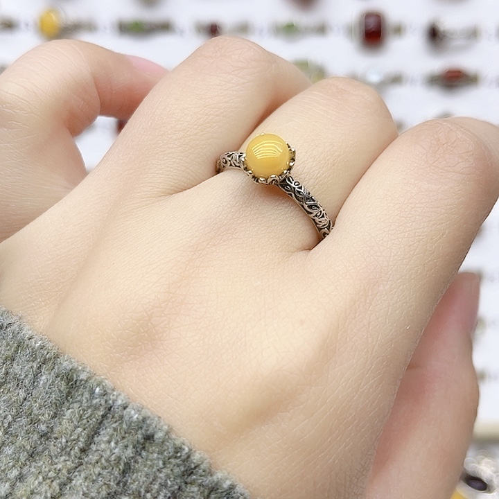 蜜蜡戒指银S925镶嵌天然