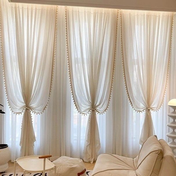 素曦法式奶油客厅阳台纱帘透光不透人米色原木风亚麻民宿双层纱帘