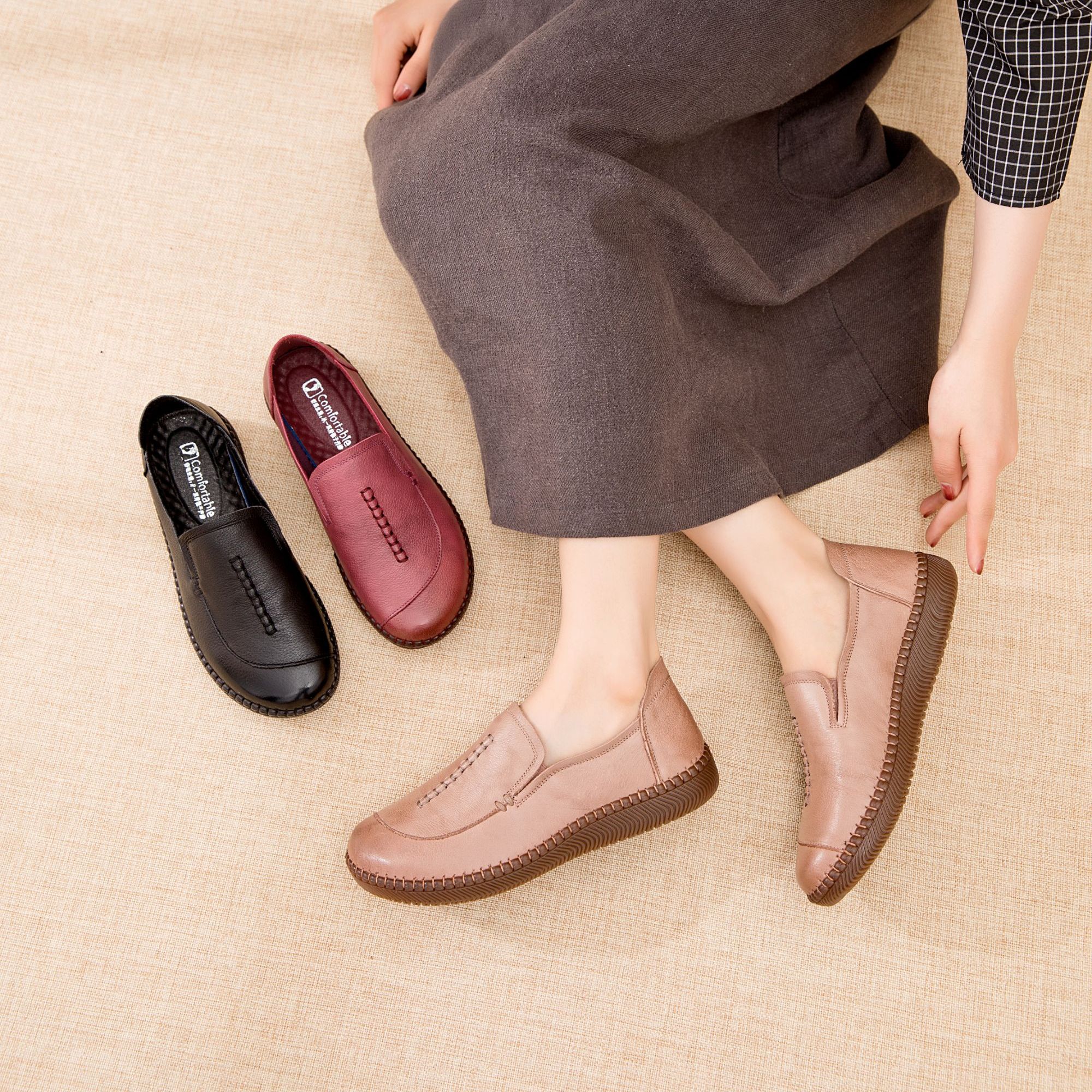 2386春秋真皮单鞋牛筋底软底软面女鞋便防滑舒适妈妈鞋平底百搭