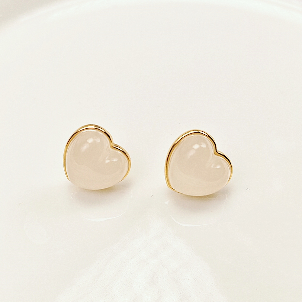 S925银和田玉藕粉爱心耳钉时尚气质简约百搭女款耳饰