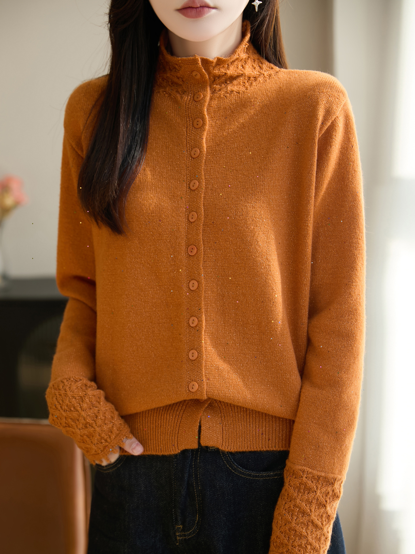 2025新款镂空立领女长袖针织宽松毛针织衫毛衣针织衫秋冬百搭