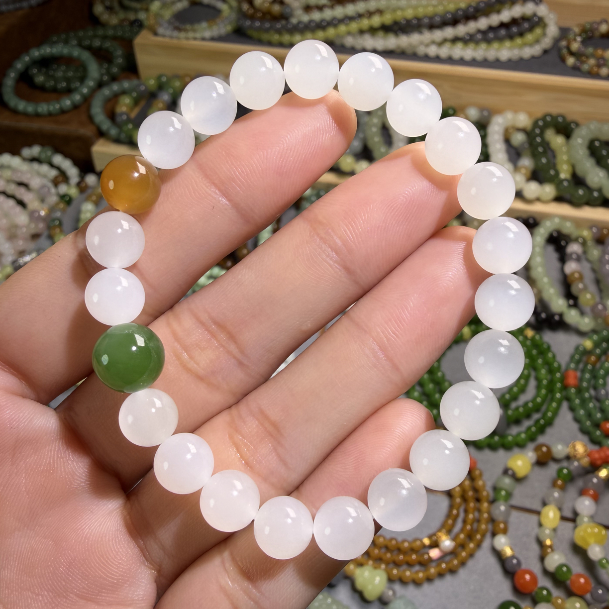 冰润和田玉手串白玉白冰8mm圆珠单圈冰透水润时尚百搭白色玉手串