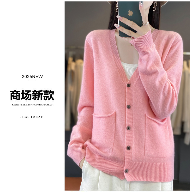 【商场同款】一线成衣V领卷边兜100%纯羊毛开衫女休闲针织衫Z-841
