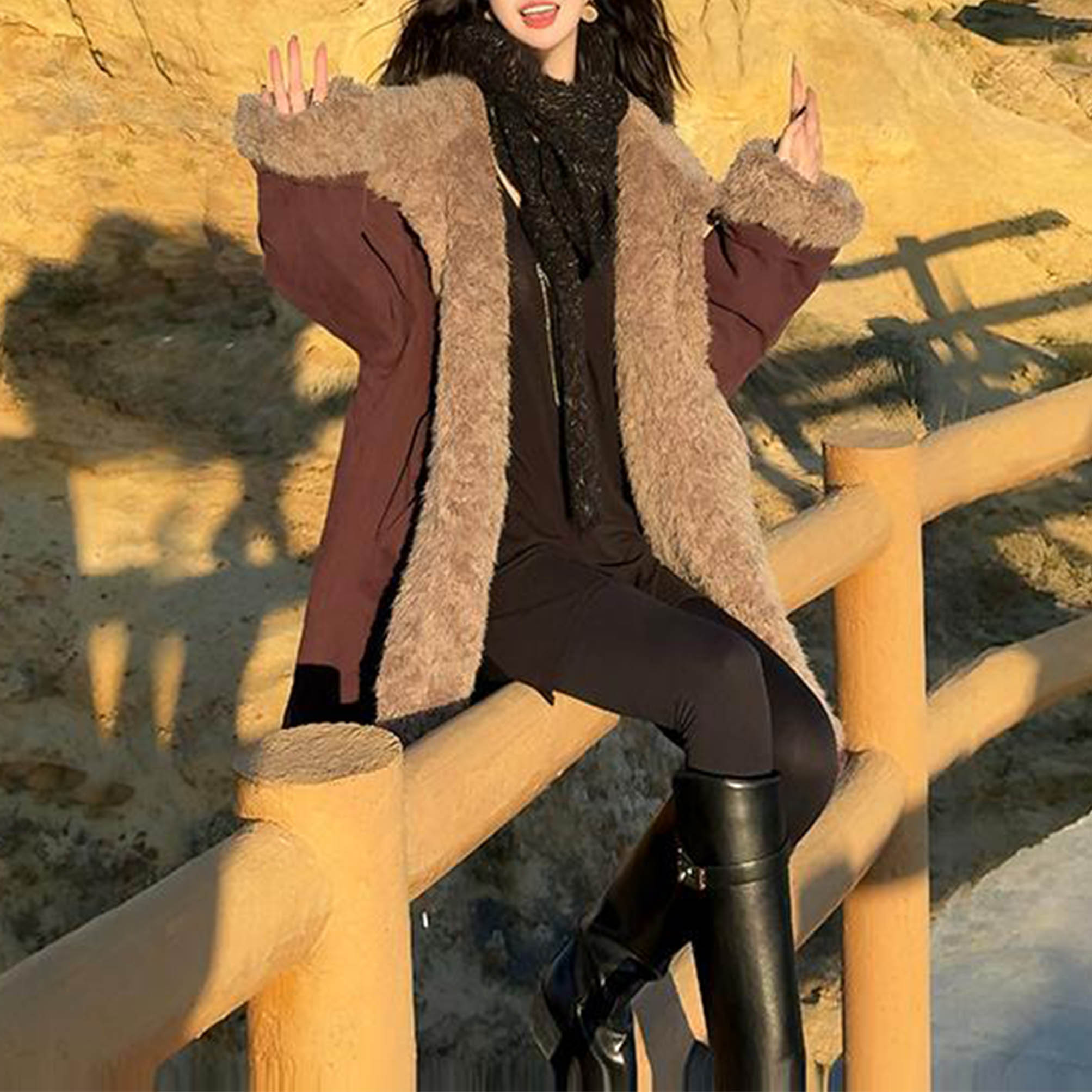 时尚复古加厚保暖中长款上衣2025冬季新款气质高档立领双面穿外套