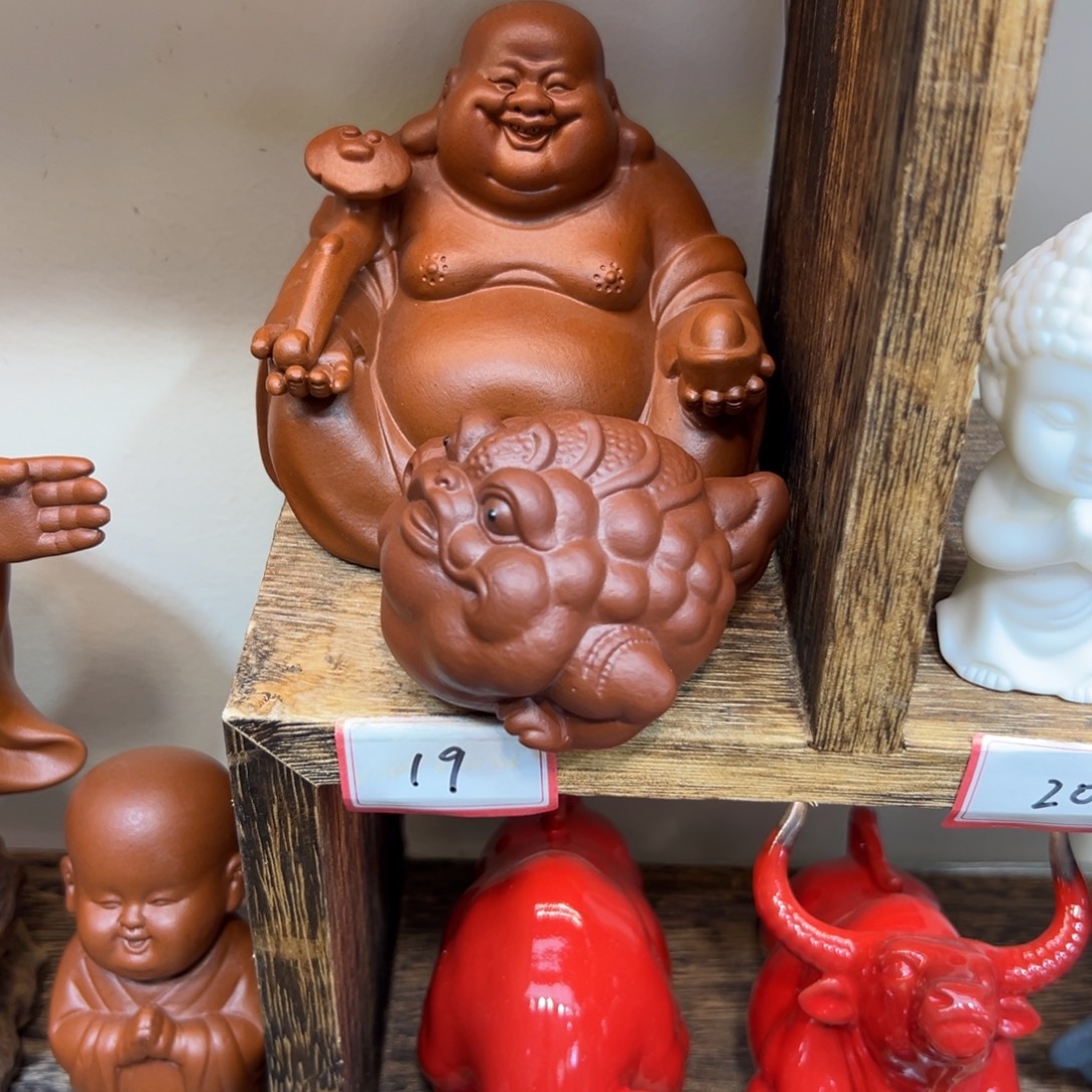 华***)紫砂茶宠朱泥如意坐弥勒送龙蟾