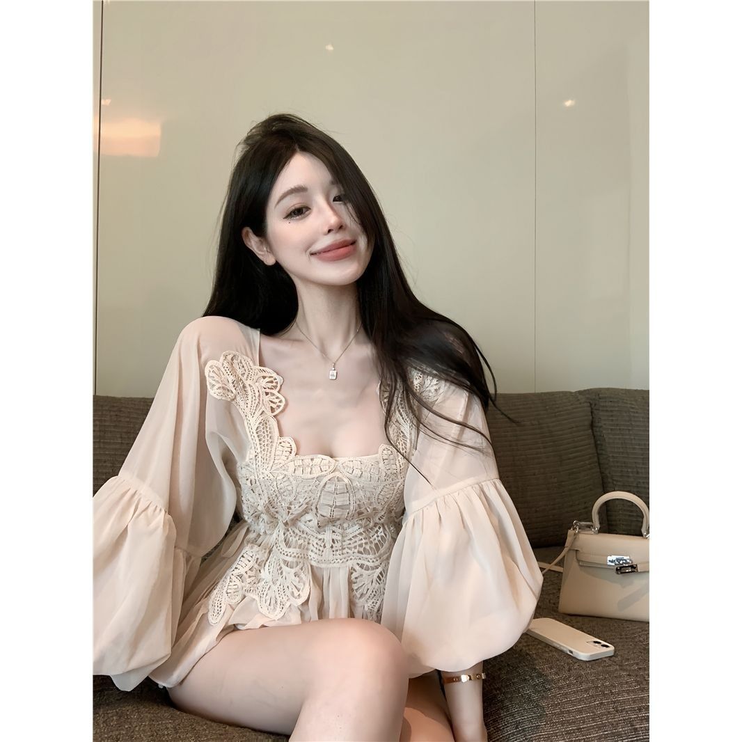 蕾丝拼接法式泡泡袖雪纺衬衫女夏季设计感小众超仙衬衣