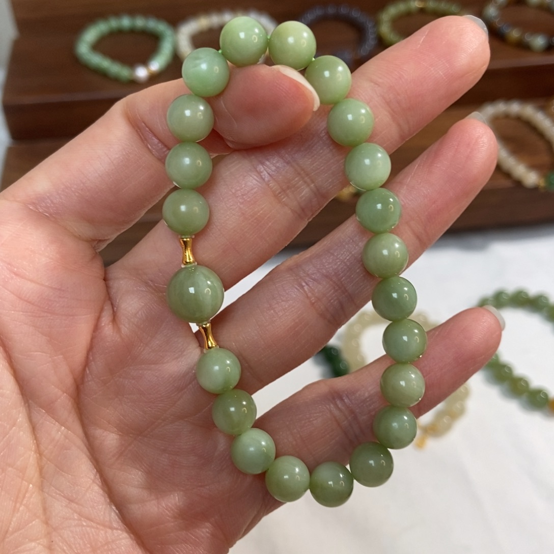 和田玉18K金镶嵌手链8mm黑阳洞碧玉