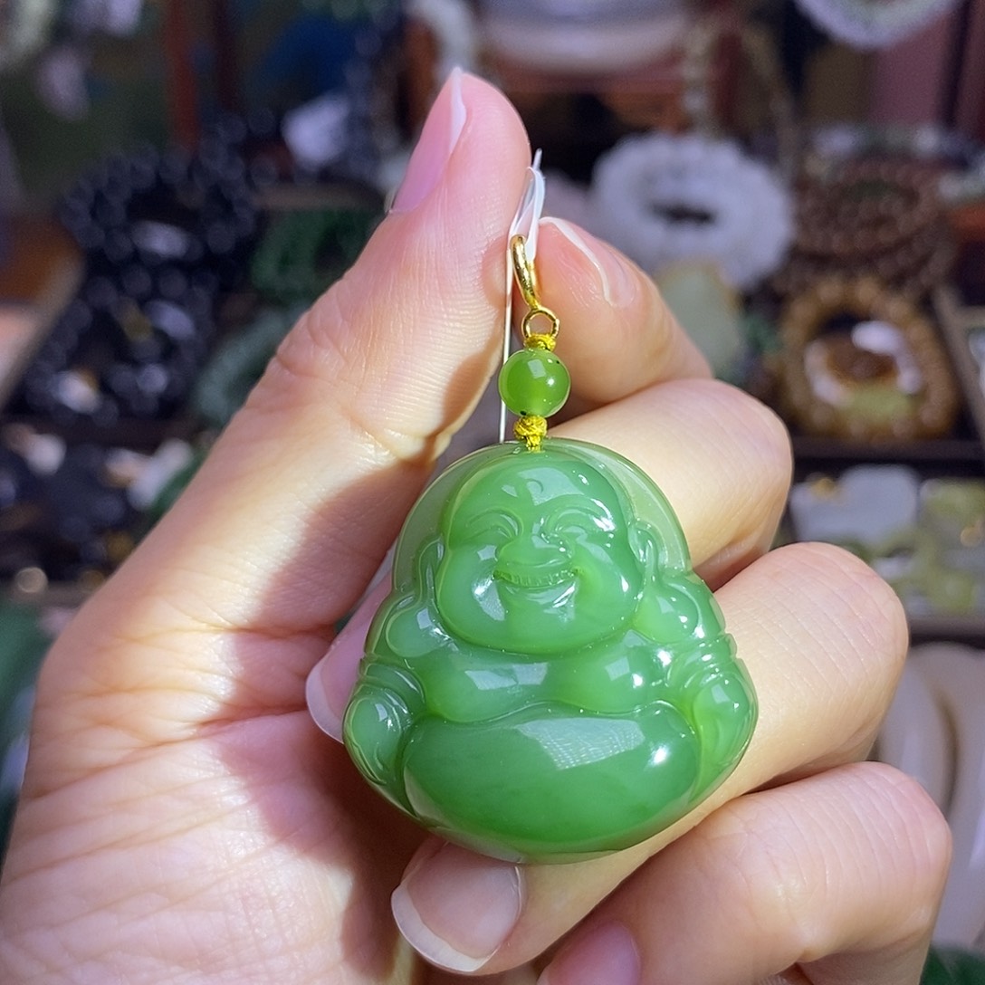 和田玉未镶嵌颈饰碧玉佛公18.K金