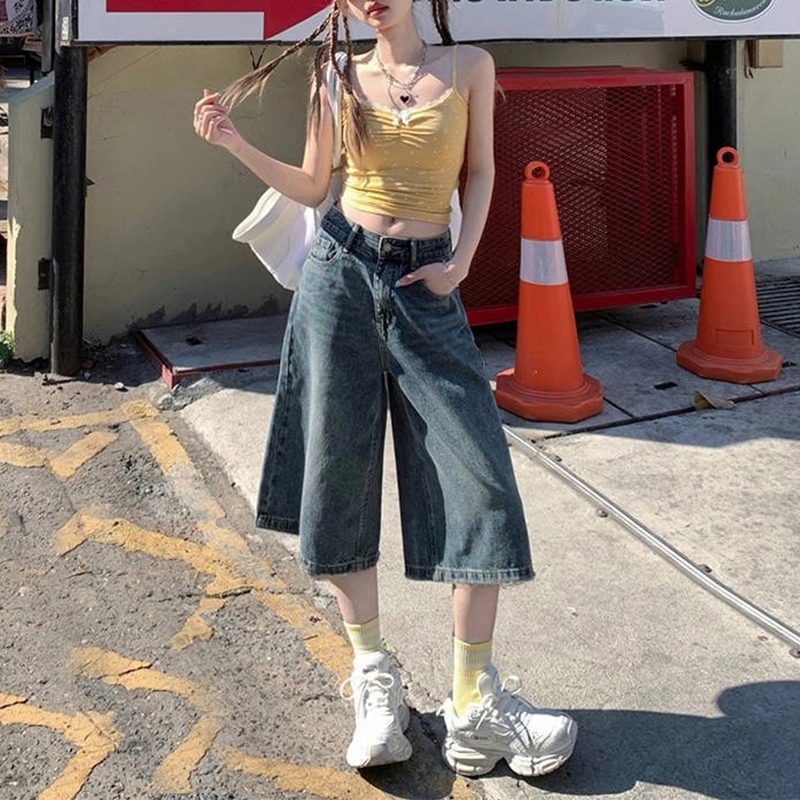 大码美式复古水洗七分阔腿裤女夏季2025新款高街直筒百搭牛仔中裤