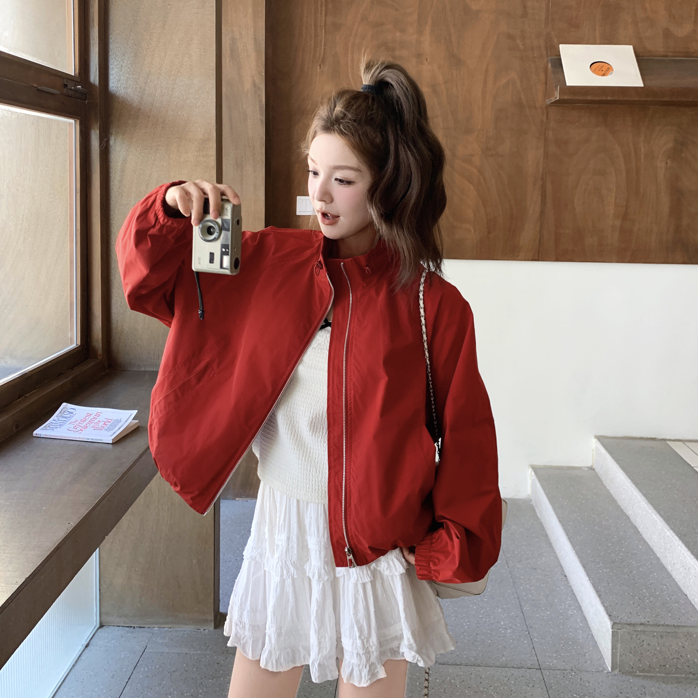 KALUOLAI/卡洛莱女常规短款慵懒风小个子红色长袖短外套洋气韩版
