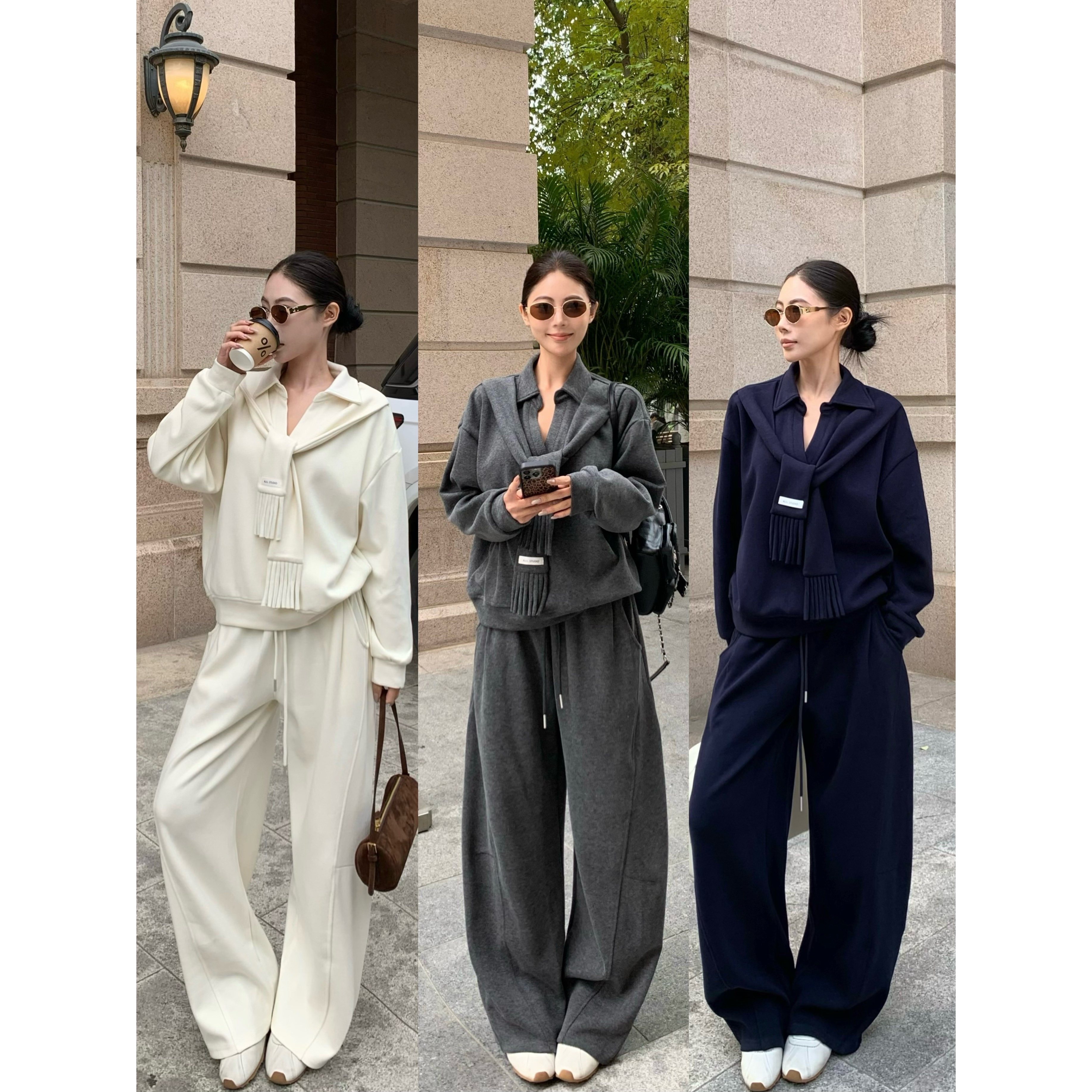 老钱气质减龄时尚套装休闲运动围巾卫衣显瘦高腰休闲裤宽松两件套