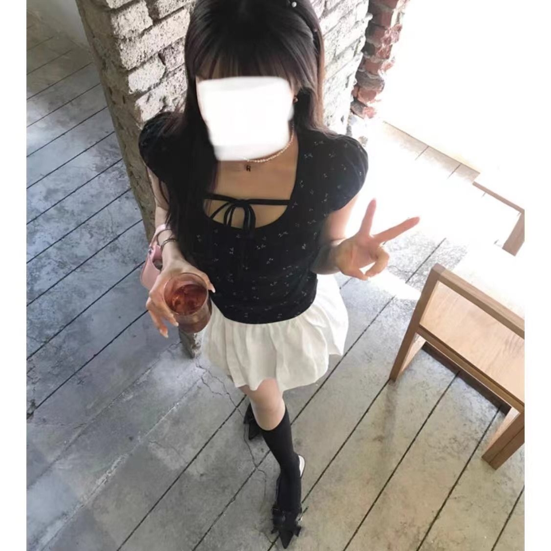 [胖鹅张] 纯欲圆领系带短袖上衣 #836[实物以直播间展示为准]