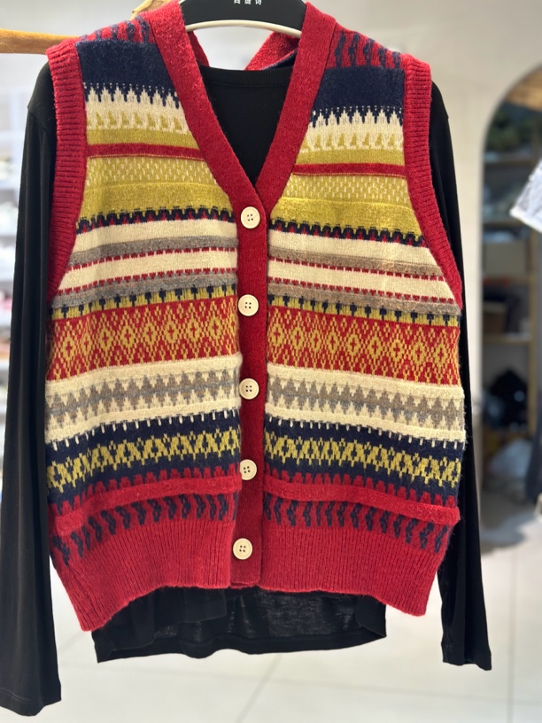 V领复古适中开衫宽松型薄款马夹时尚无袖拼色韩版百搭短款