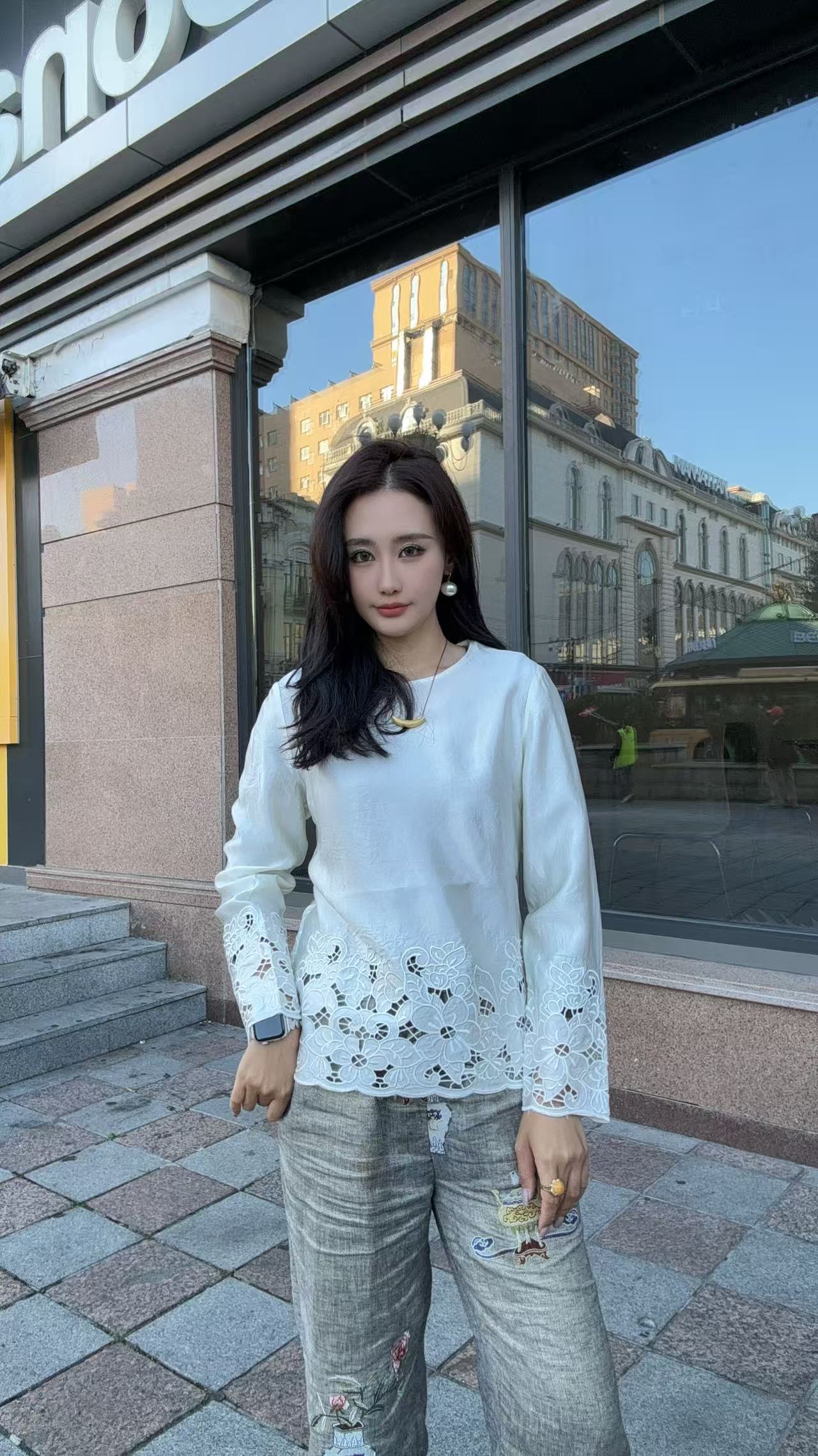 【米乐家】“醋酸长袖”气质百搭花边款V领肩带可调节长袖16711