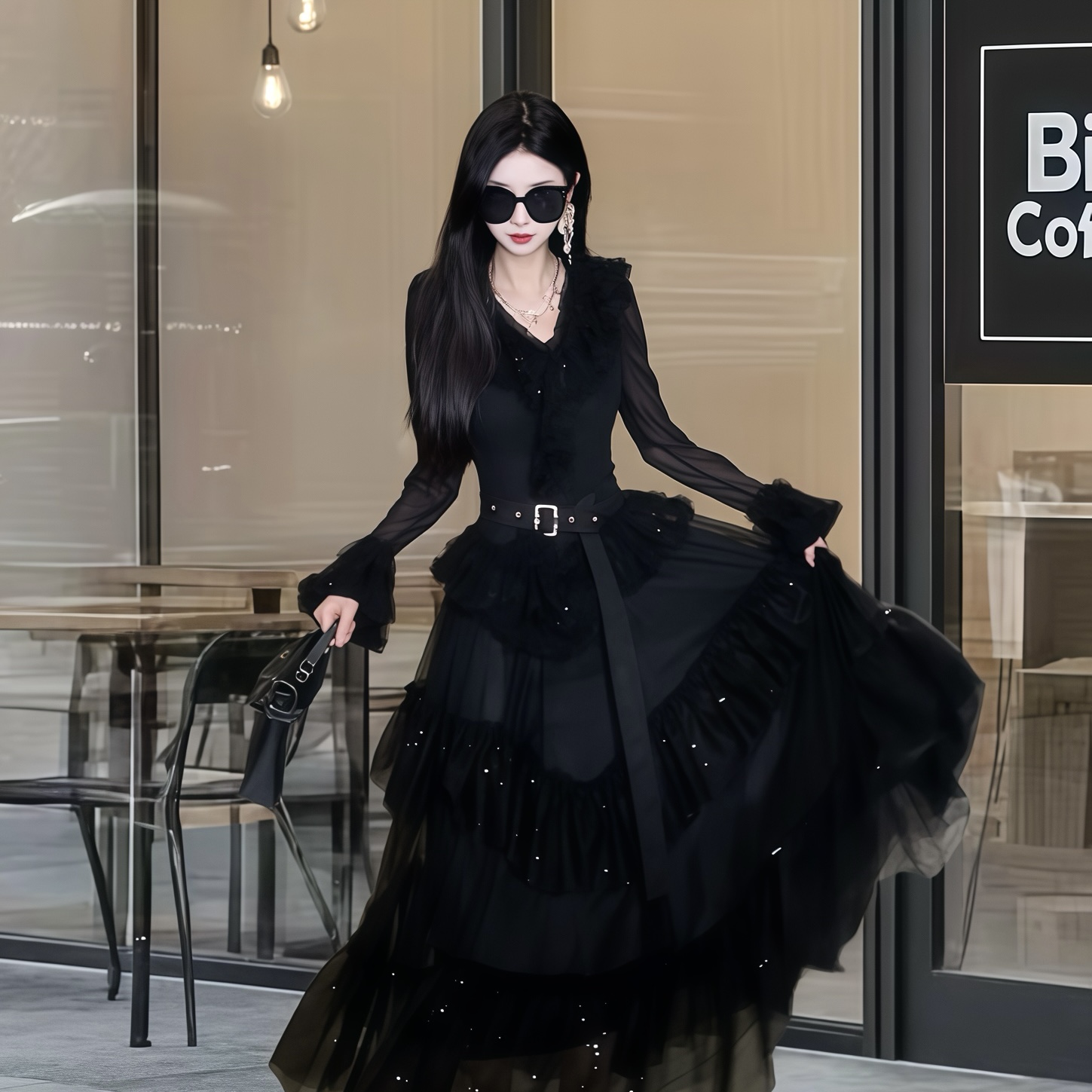 亚町家原创2797珠片绣拼接气质显瘦连衣裙古法式长款轻奢长袖优雅