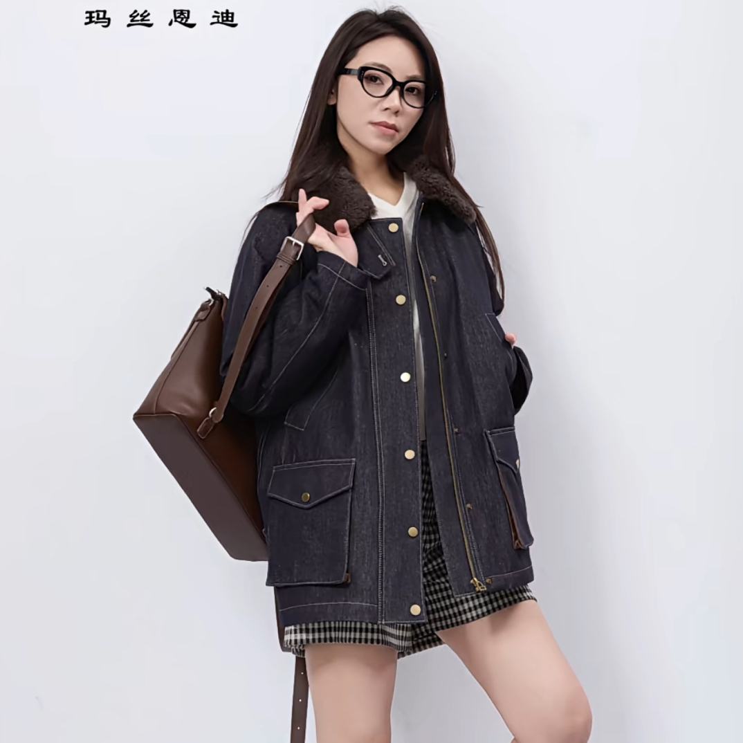 榛果拿铁复古牛仔毛撞领可脱卸夹克冬天保暖