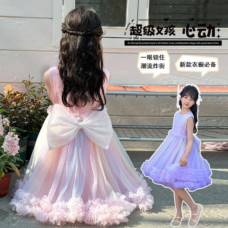 女童连衣裙新款2025夏季6-12岁儿童宝宝送蝴蝶结品质服装潮流薄款