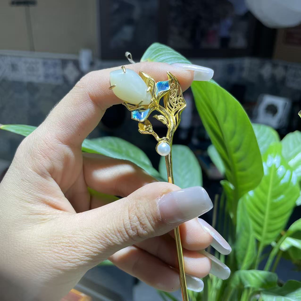 S925银镶和田玉水滴珍珠发簪