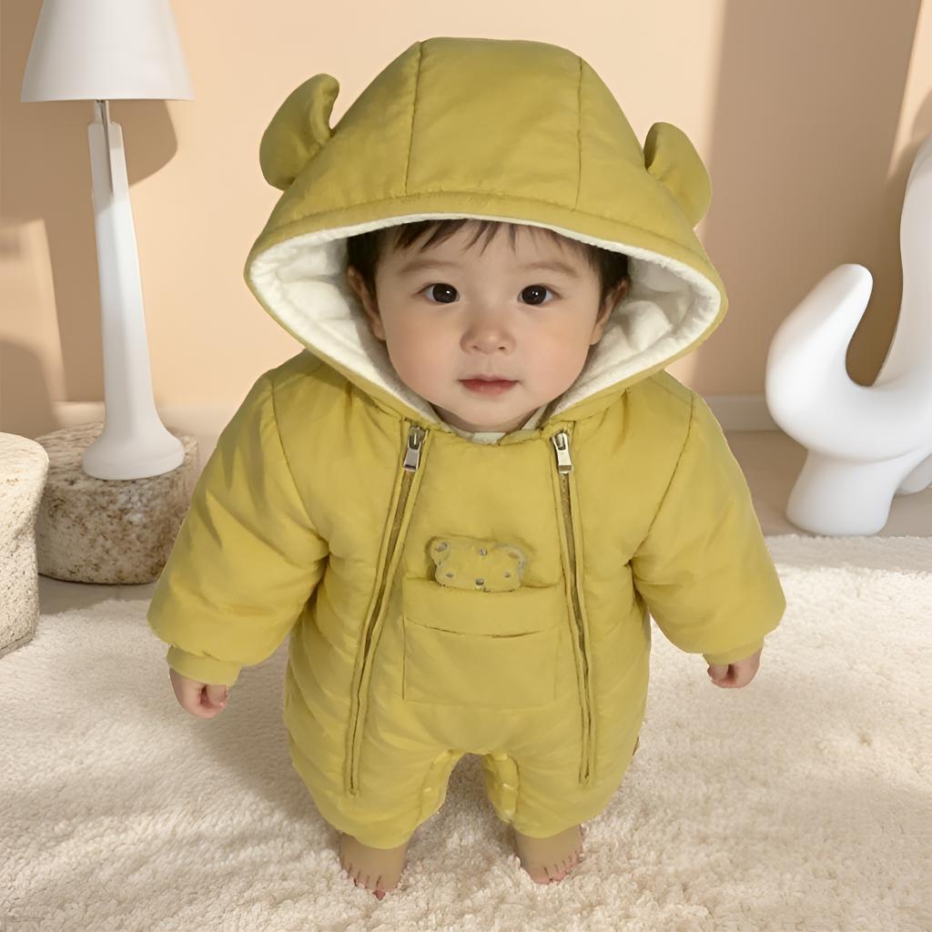 MR冬款口袋熊双拉链哈衣男女宝宝连帽防风外出服婴幼儿卡通连体衣