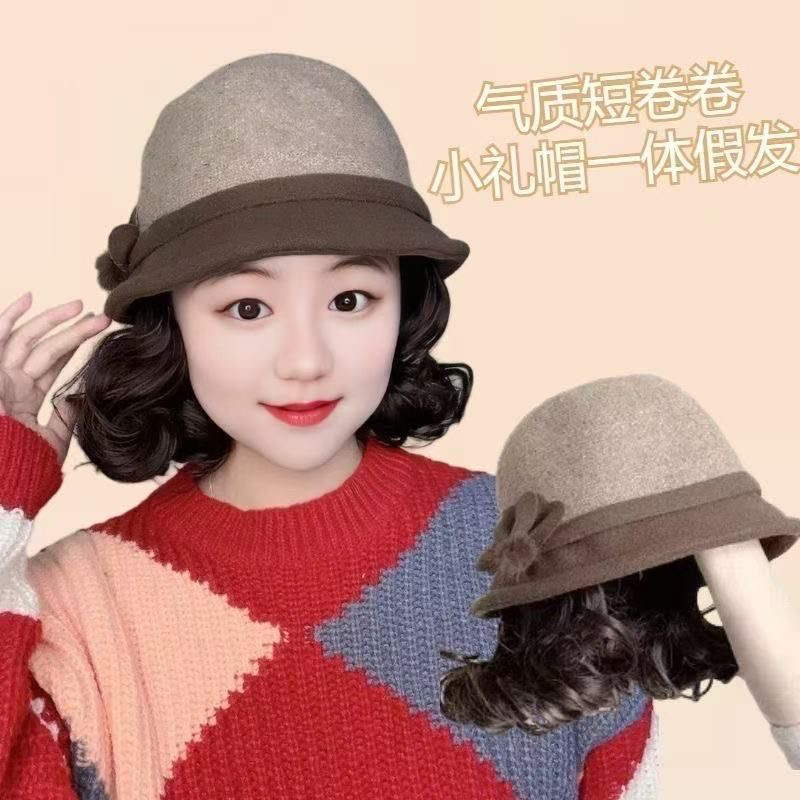 秋冬新款帽子假发女时尚外翻卷妈妈帽一体保暖加厚毛呢渔夫帽假发