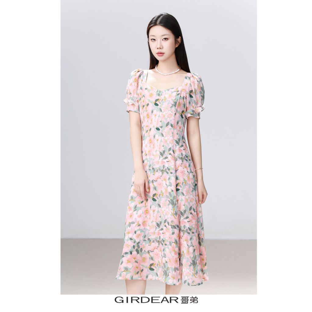 GIRDEAR/哥弟「露华臆浓」春夏法式复古优雅显瘦显白连衣裙1500483