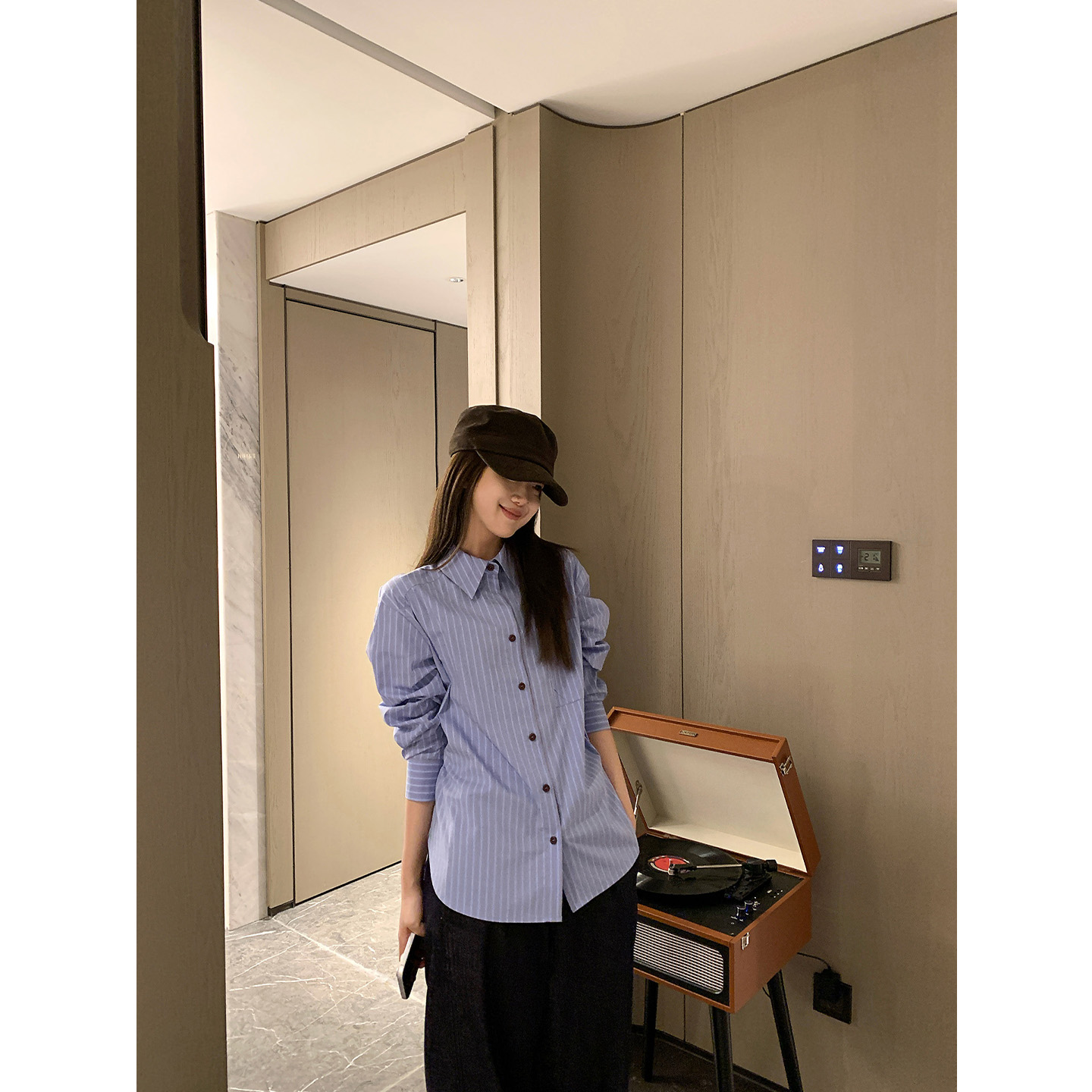 Multi Math蓝色日记/时髦感显瘦显气质翻领长袖叠穿内搭外套衬衫