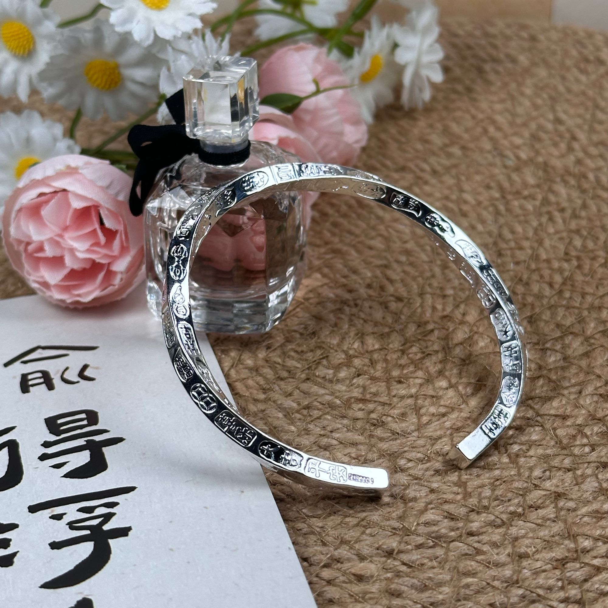 足银手镯 扭转吉言足银复古实心开口镯亮面小众时尚简约描金