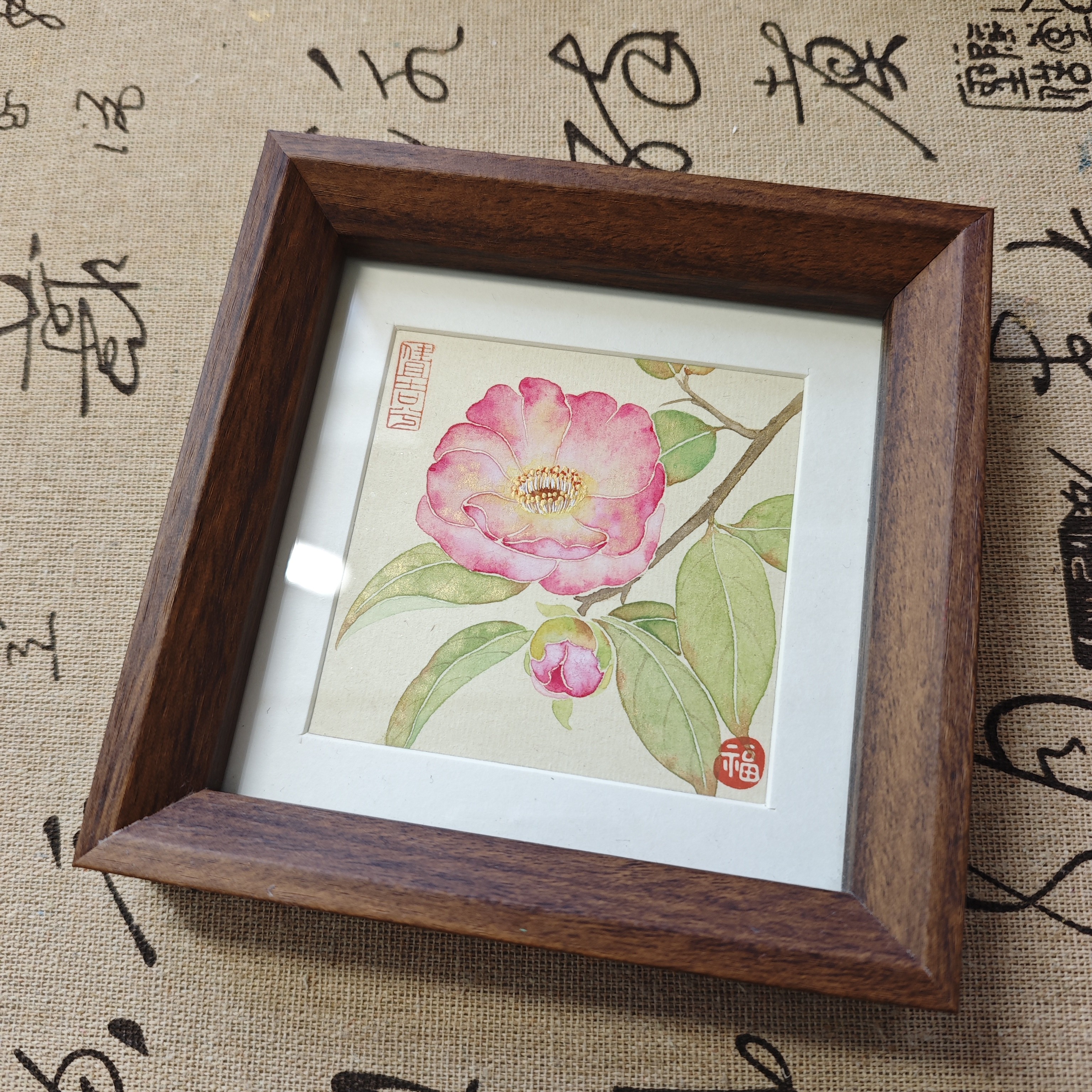 纯手绘没骨花卉摆台山茶花小摆台装饰画外框尺寸约13.8*13.8cm