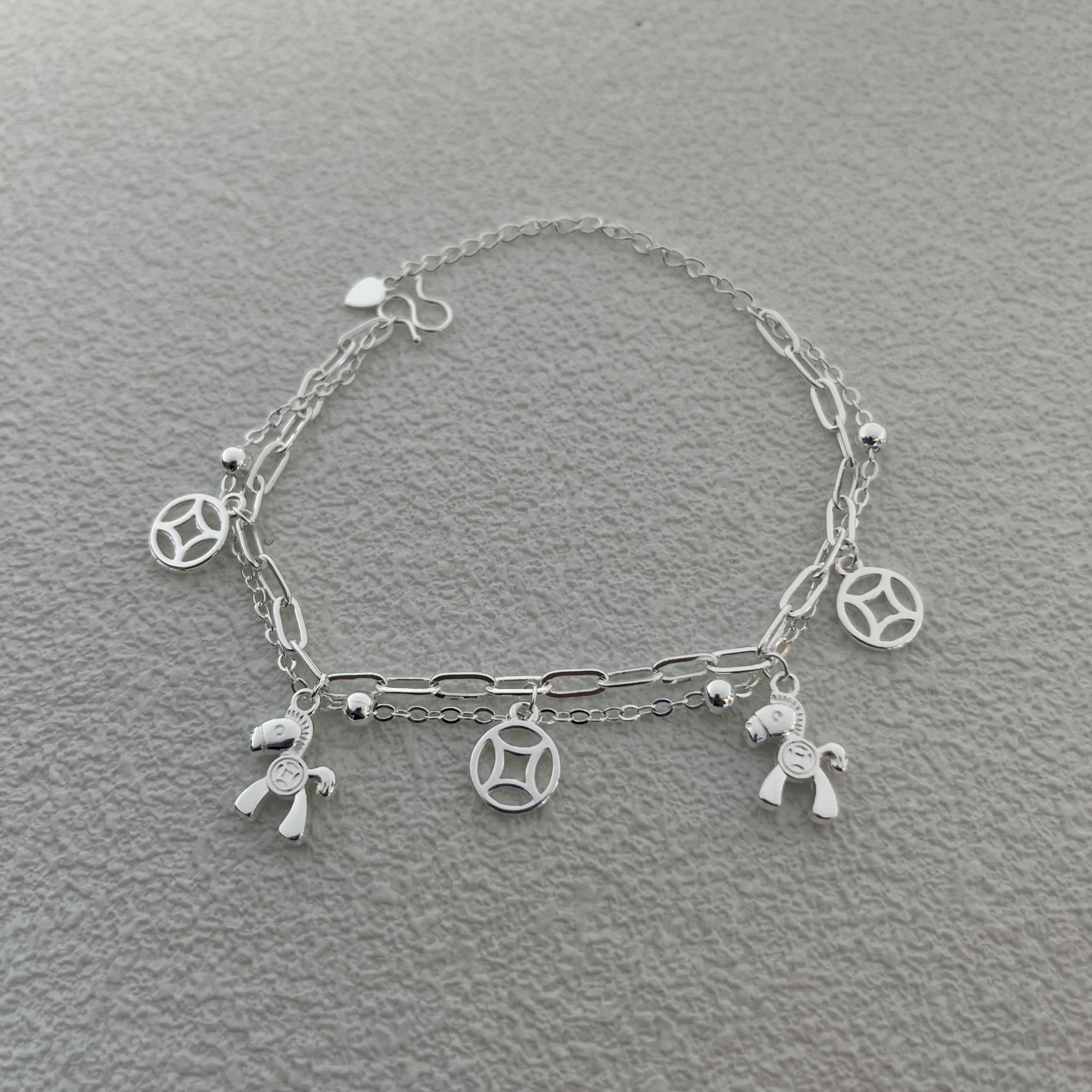 足银手链 金钱马上有钱双层民族风手链