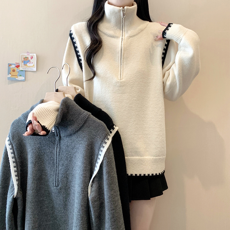 半拉链毛衣半高领撞色冬季新款韩版大码女装显瘦针织毛衣3856