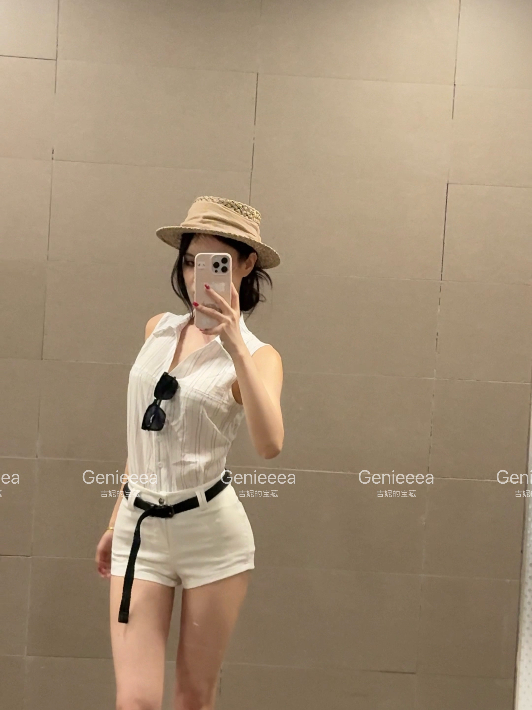 Genieeea吉妮的宝藏韩系姐姐条纹衬衫无袖背心短裤套装