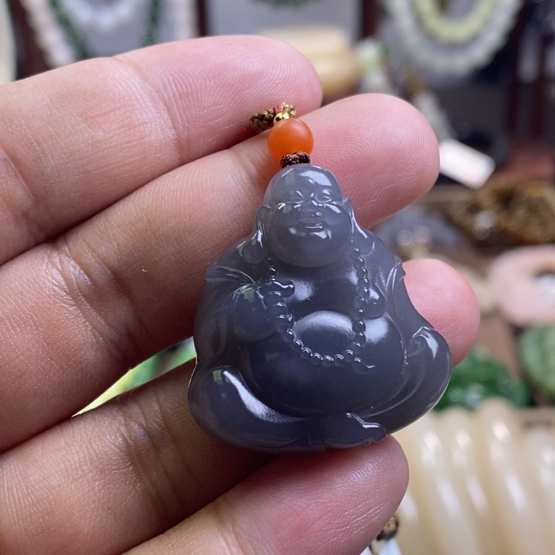 和田玉精品清货价烟紫老矿料弥勒佛吊坠未镶嵌