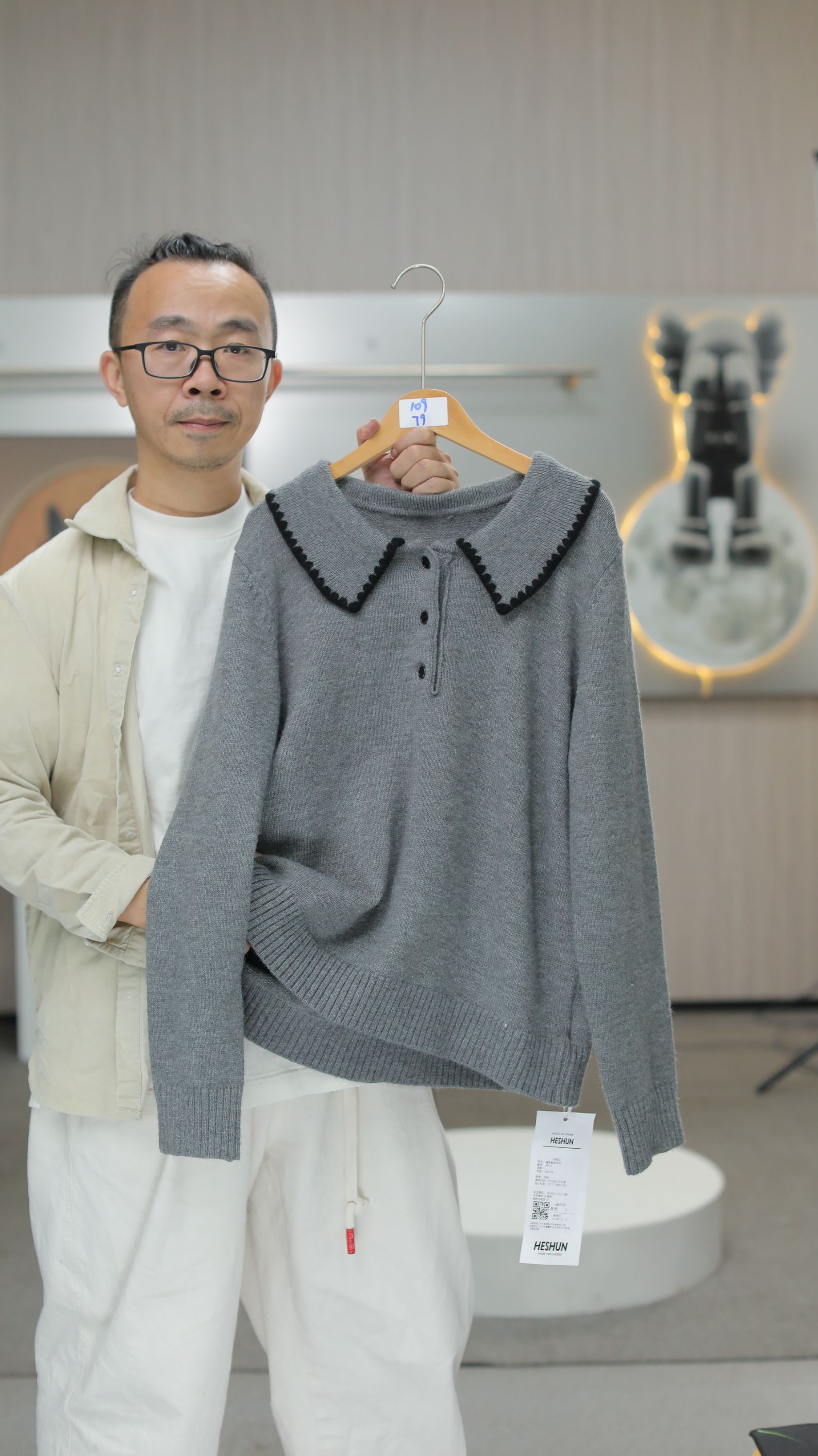 68719大码女装撞色翻领毛针织衫开衫秋冬毛衣