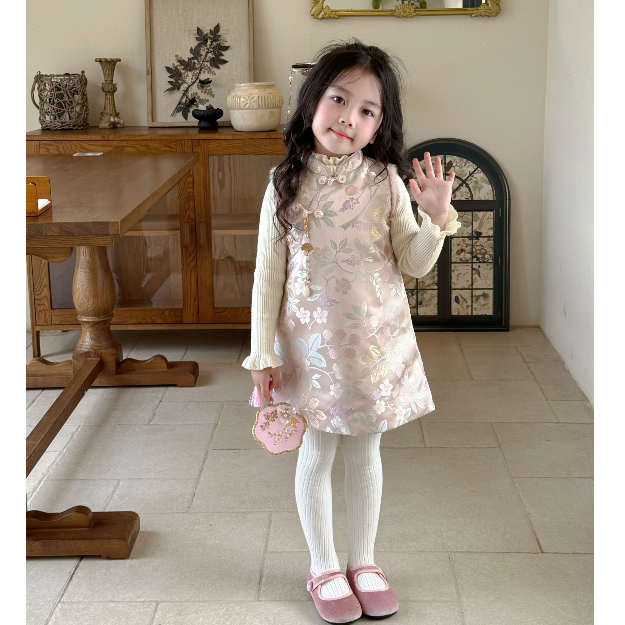 现货）壹妈原创童装2025冬季新款提花连衣裙新中式国风旗袍裙