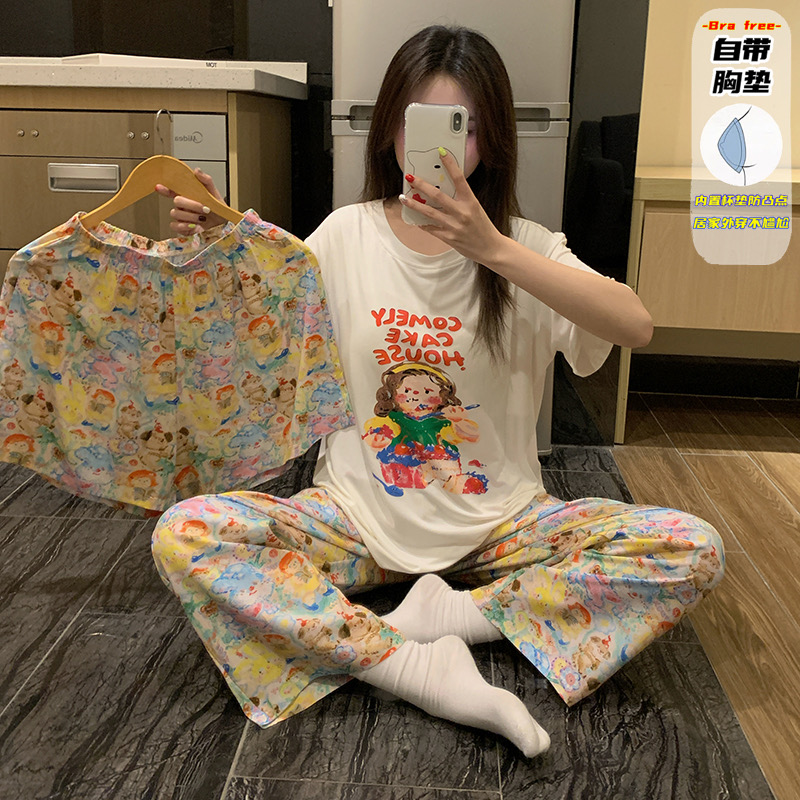 【蛋糕屋】夏季新款短袖带杯垫三件套圆领睡衣透气亲肤女套装2160