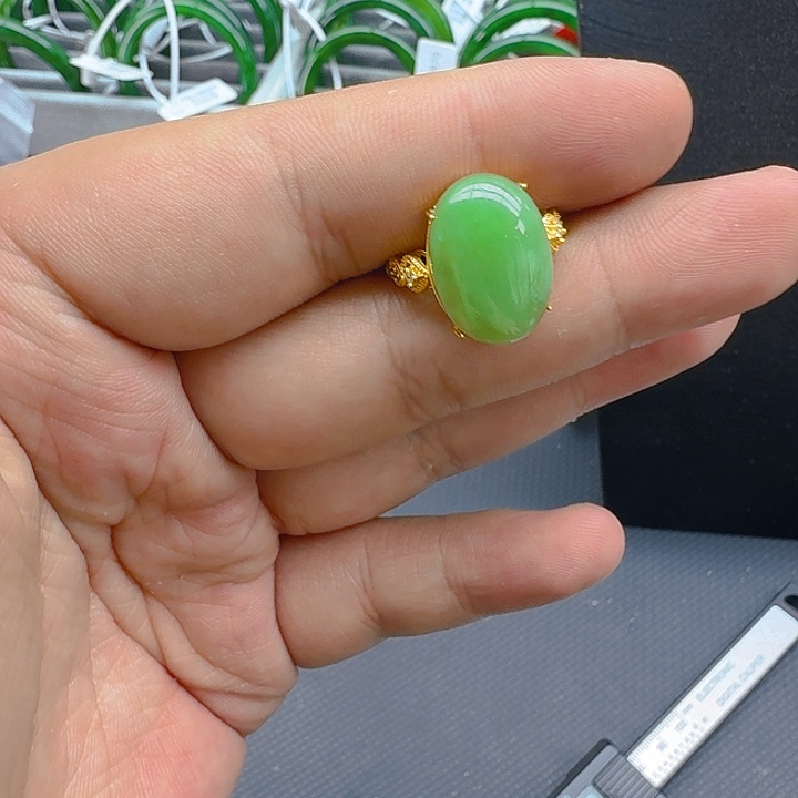 和田玉（碧玉）戒指银S925镀金镶嵌