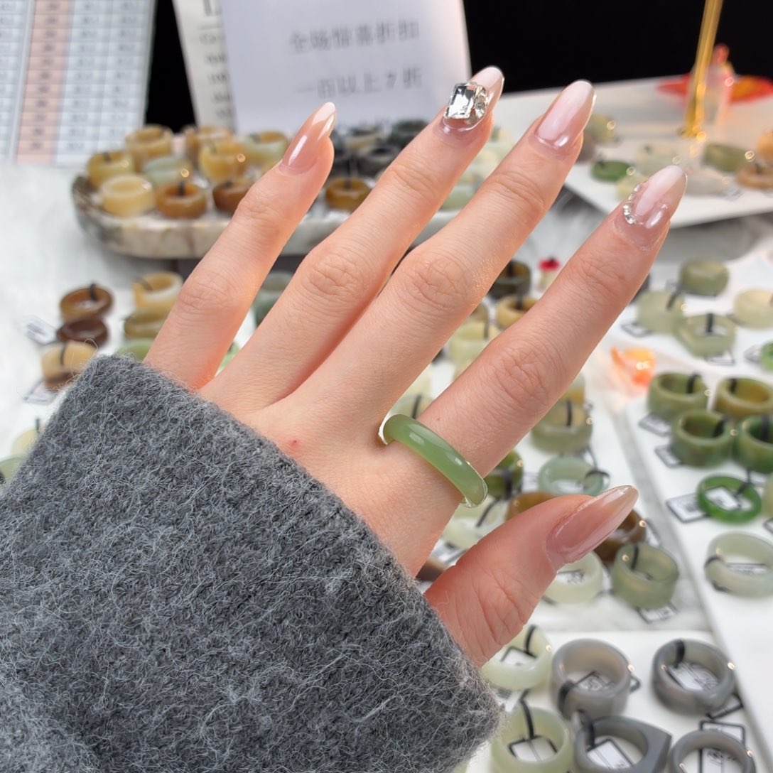 和田玉（糖玉）未镶嵌戒指z32翠青细条17.3