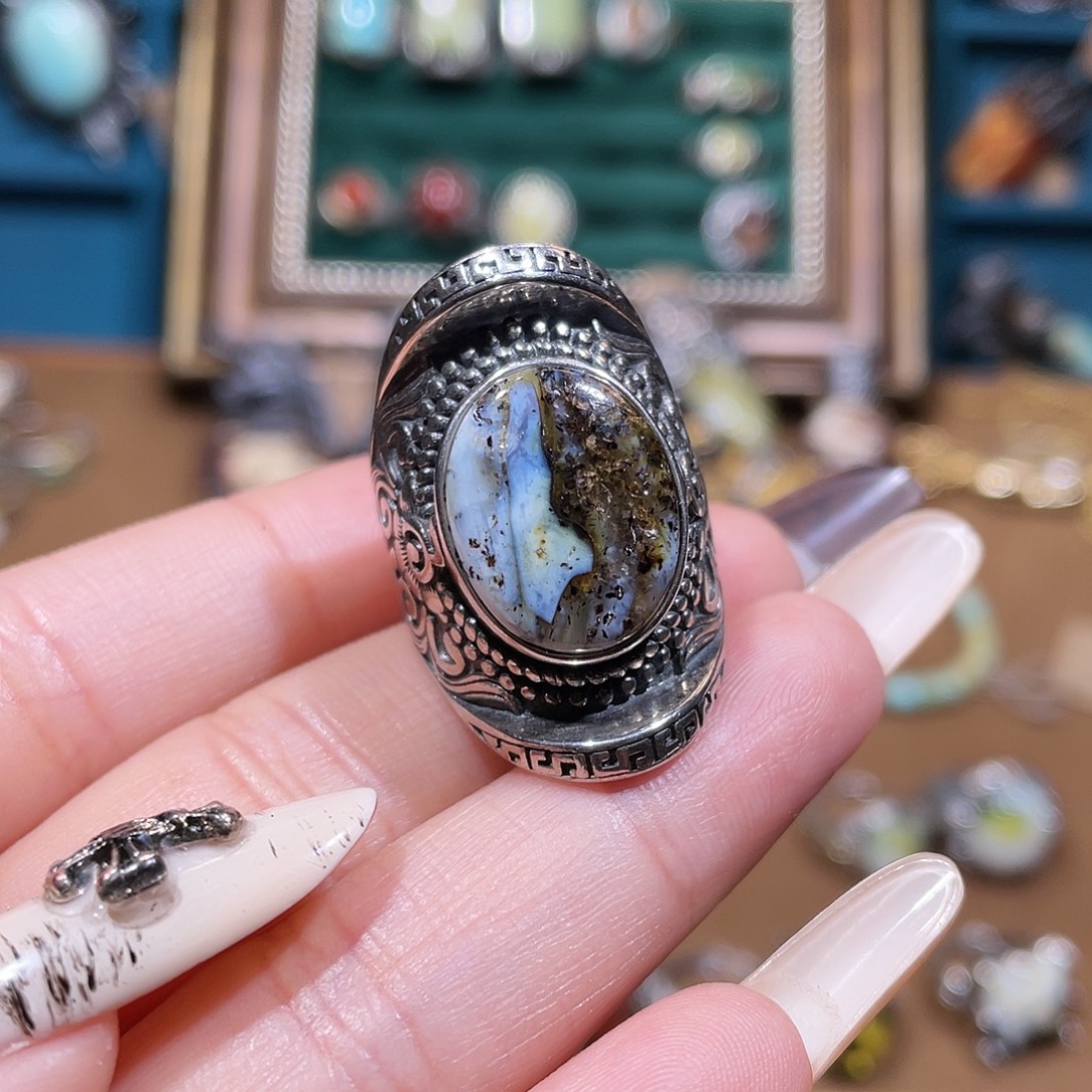 暴***花琥珀银S925镶嵌戒指