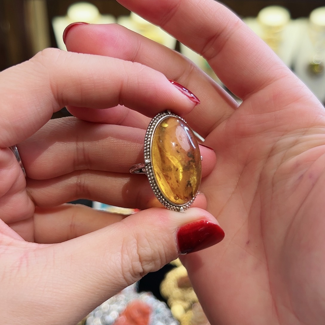 琥珀戒指银S925镶嵌戒指