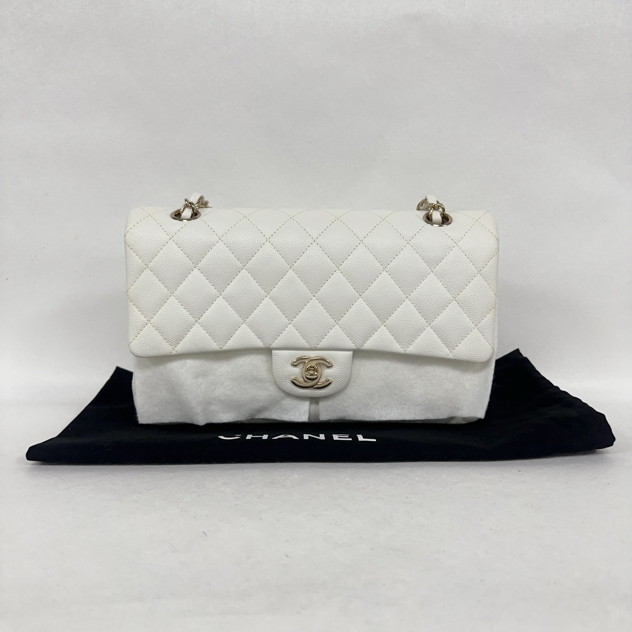 99新 Chanel/香奈儿  cf 中号 白金荔枝纹 芯片款 5K60