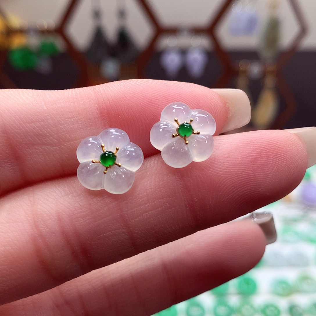 翡翠耳饰18K金镶嵌天然翡翠