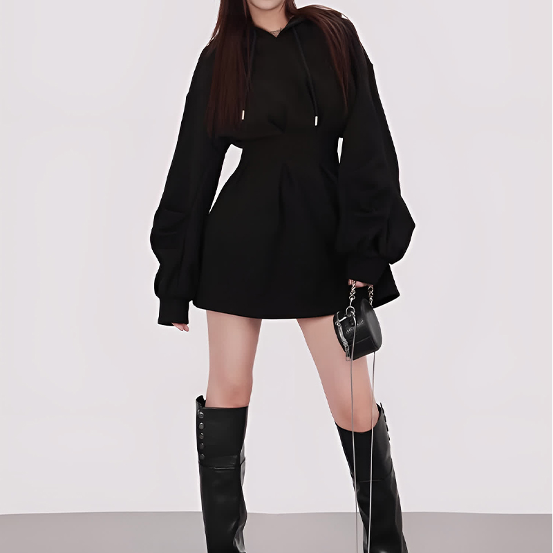 2025新款黑色辣妹显瘦感小个连衣裙收腰卫衣裙少女裙子连帽短裙女