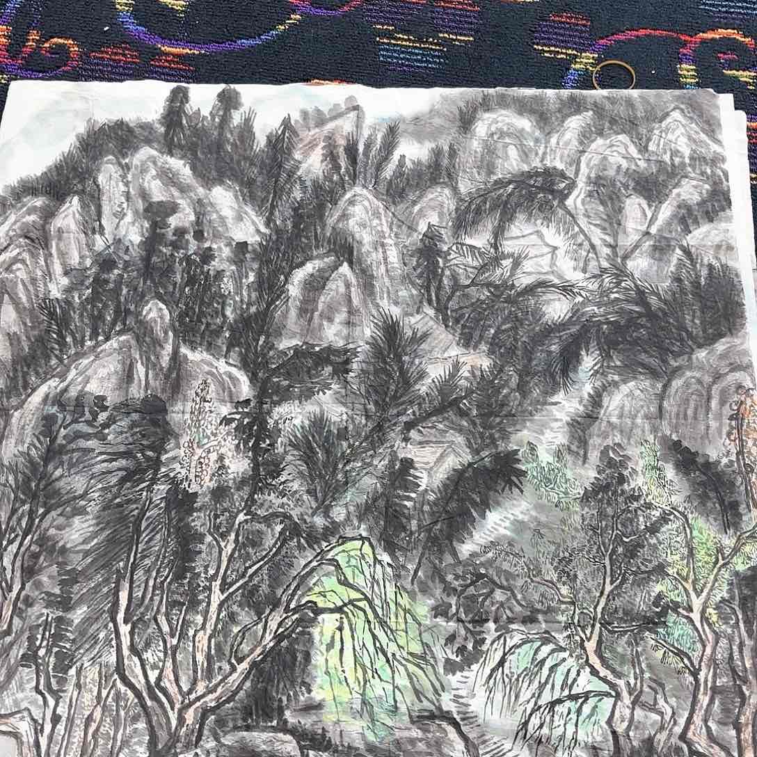 国画斗方山水作品朱